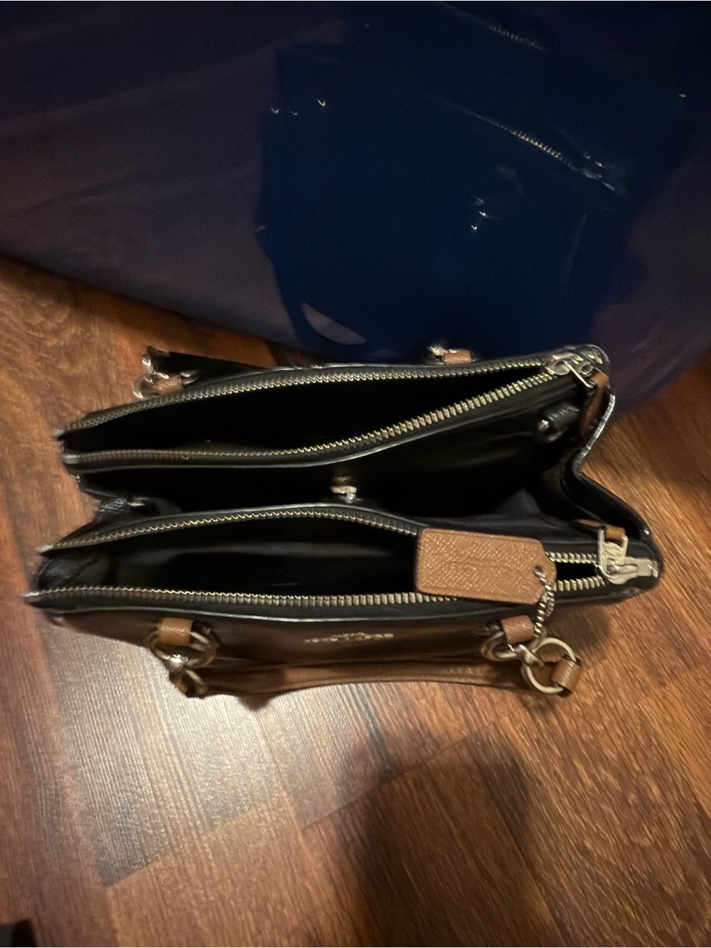 Coach Black Leather Satchel with Brown Handles and Cream Piping - Picture 2 of 8